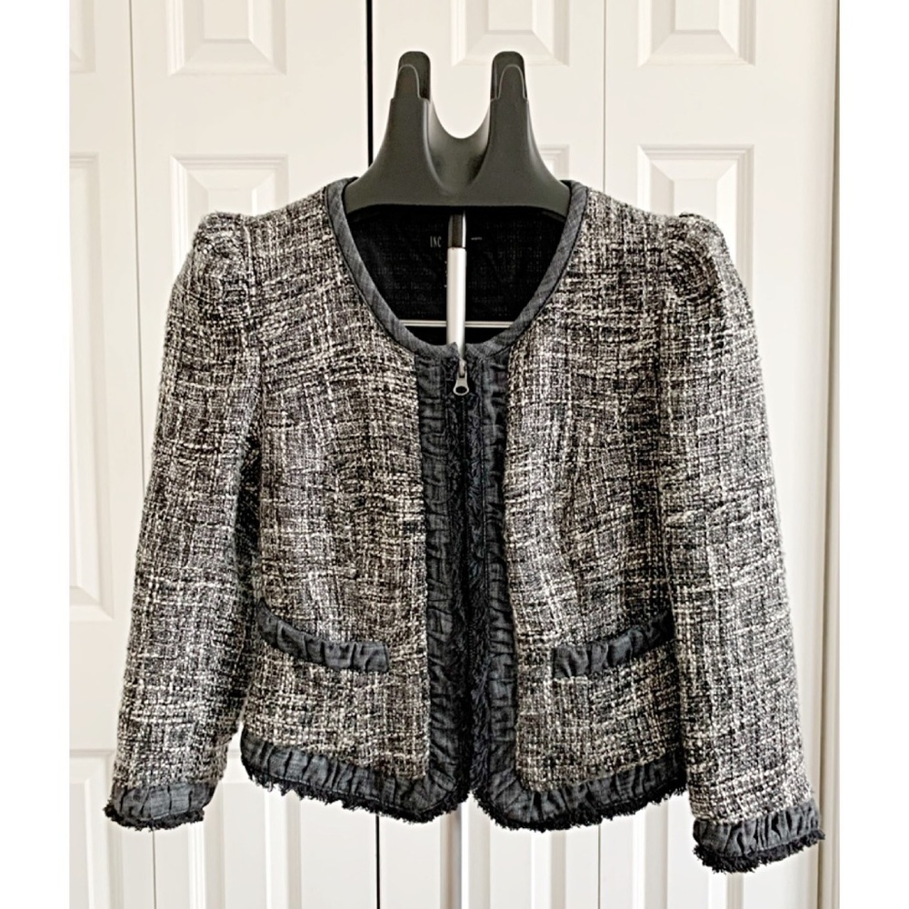 INC Sz PP Boucle Jacket Salt / Pepper w/ Denim Frayed Trim